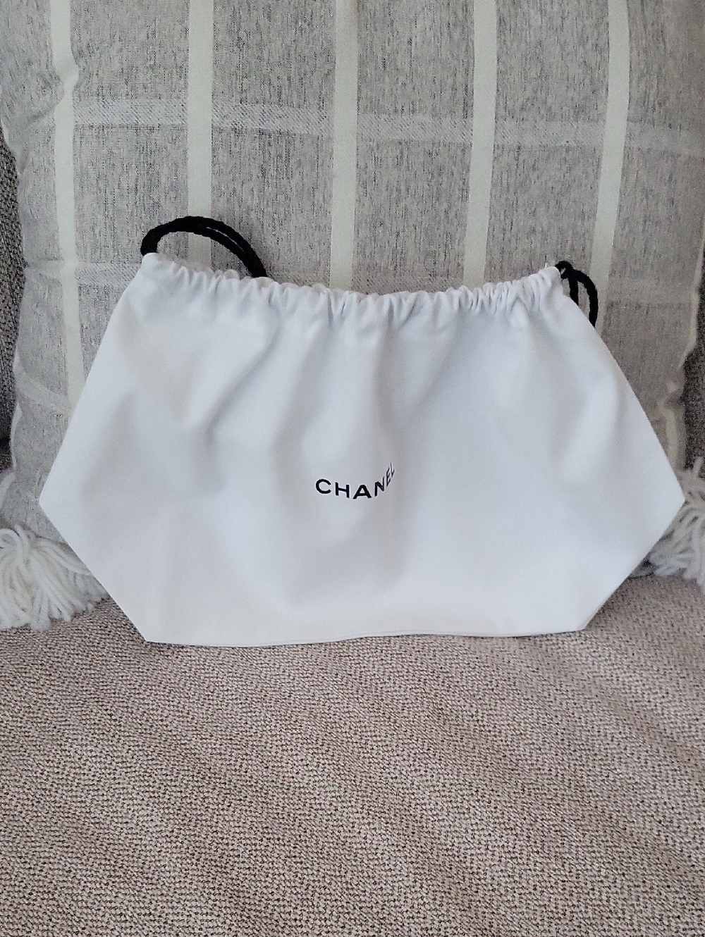 CHANEL White Drawstring Dust Bag  Cosmetic Pouch | 12” Wide 🤍 - Picture 2 of 3